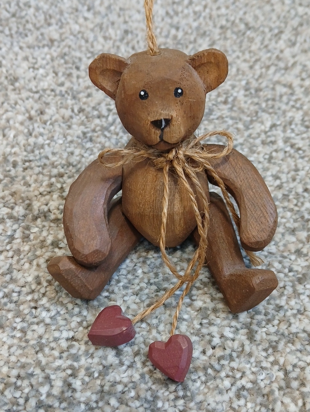 🛑Hand-Carved Wooden Bear Ornament with Red Heart Charms